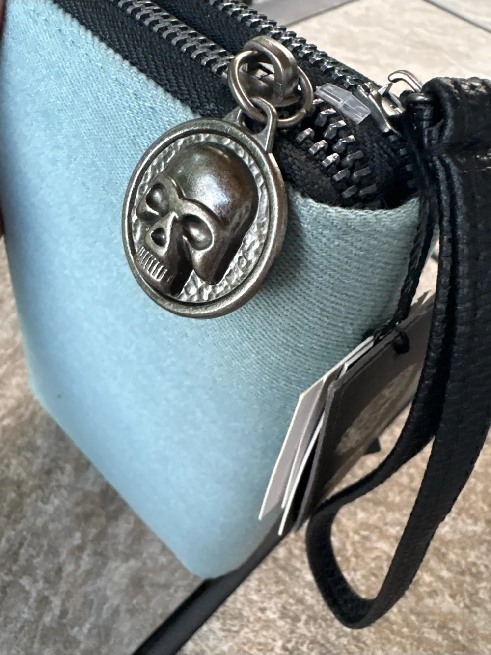 Ed Hardy Light Blue Denim Skull & Roses Wristlet Wallet